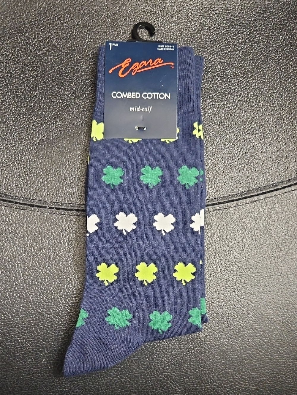 Egara Navy Mid-Calf Socks with Green, White and Lime Clover Motif